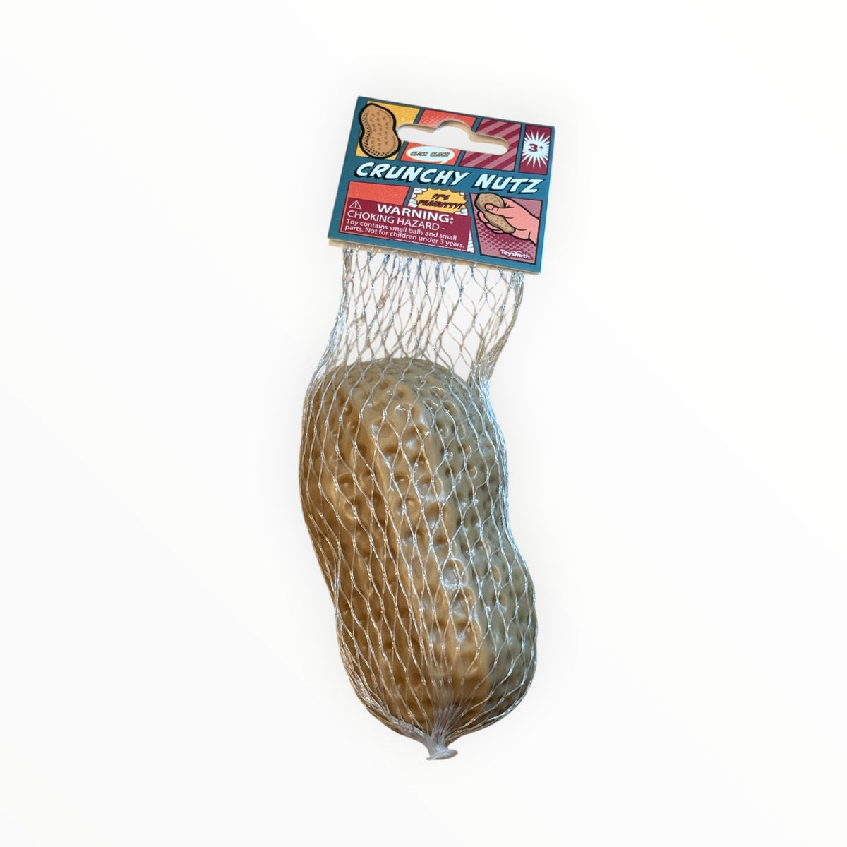 Southern Charm Collectibles Toysmith Crunchy Nutz peanut-shaped fidget toy in a mesh bag with comic-style packaging