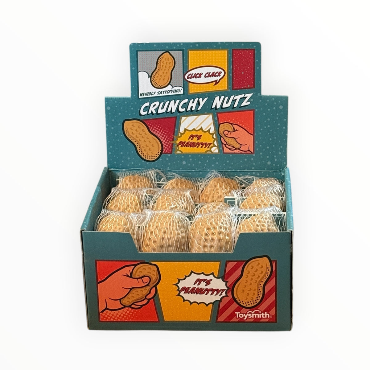 Southern Charm Collectibles Toysmith Crunchy Nutz peanut-shaped fidget toys in a comic-style retail display box