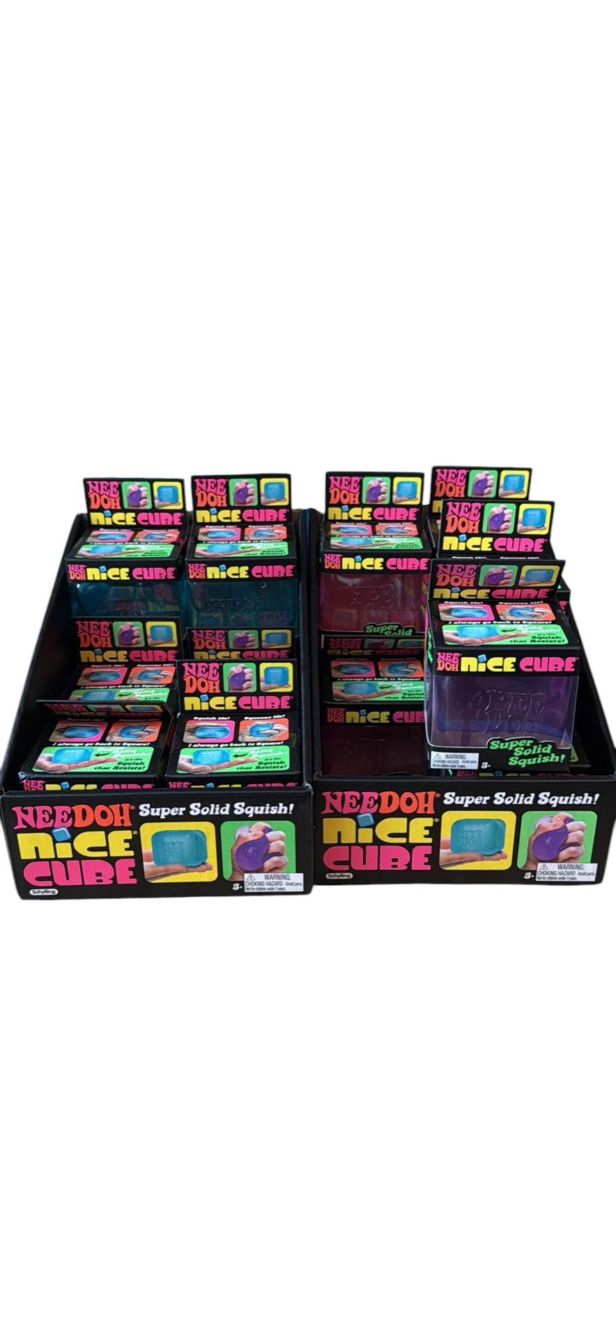 Southern Charm Collectibles display box filled with NeeDoh Nice Cube sensory fidget toys in various bright colors.