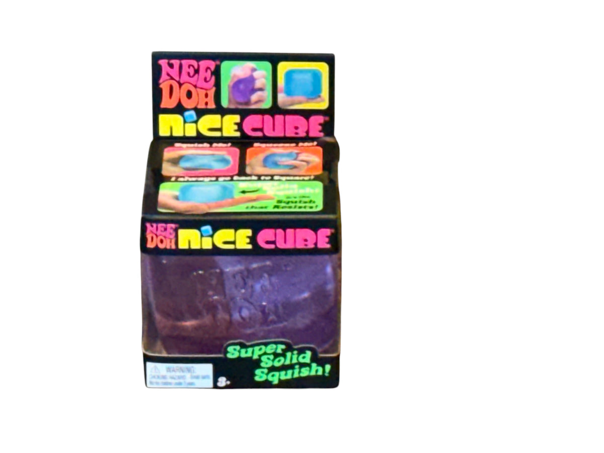 Southern Charm Collectibles NeeDoh Nice Cube sensory fidget toy in purple packaging with super solid squish features