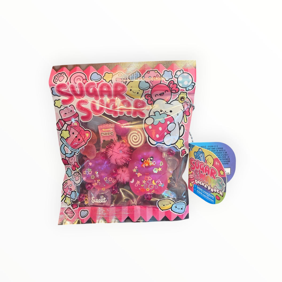 Southern Charm Collectibles Sugar Swap Gacha Pouch featuring pink glittery candy-themed charms in a snack bag package.