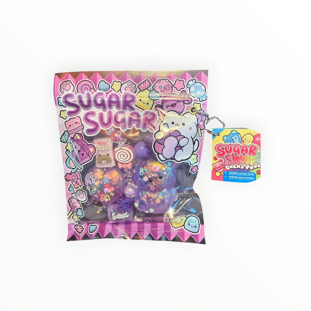 Southern Charm Collectibles Sugar Swap Gacha Pouch with purple glitter bear charm and candy-themed accessories